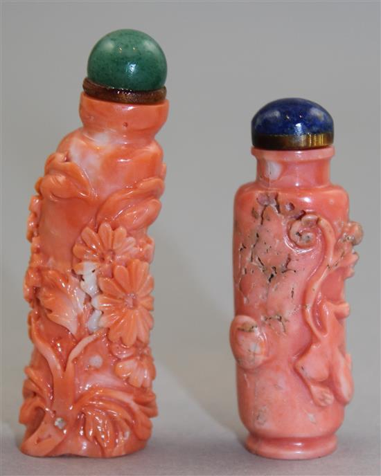 Two Chinese coral snuff bottles, late 19th / early 20th century, Richards 300 & 301